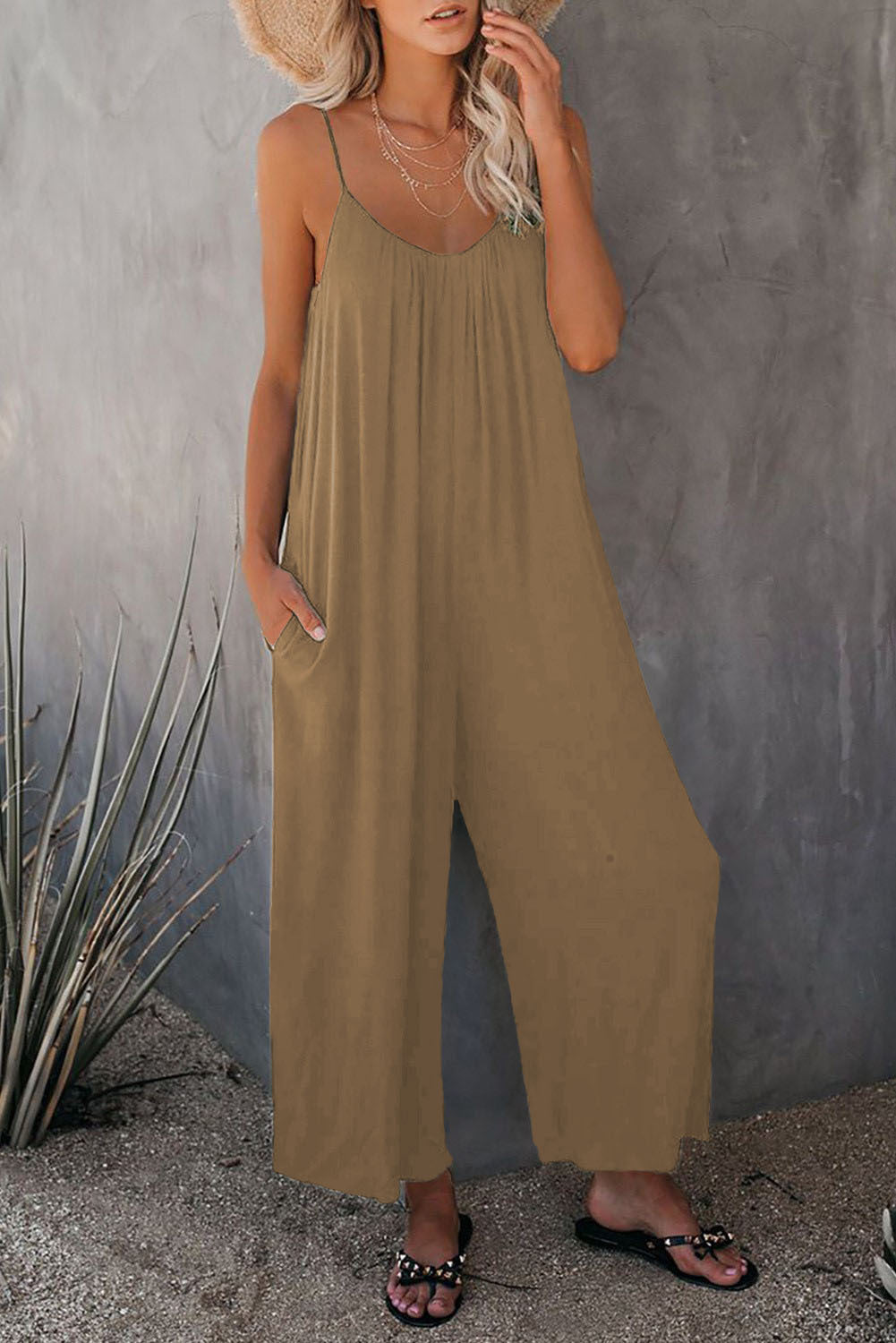 Women's Sleeveless Jumpsuits Romper with Pockets Khaki