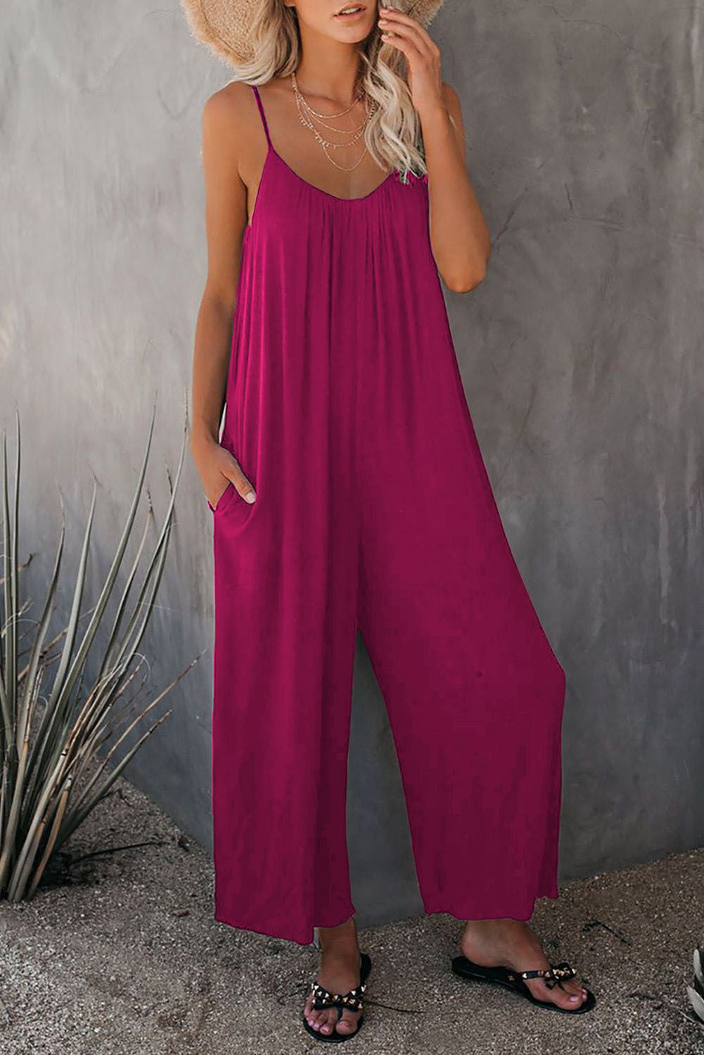 Women's Sleeveless Jumpsuits Romper with Pockets Rose