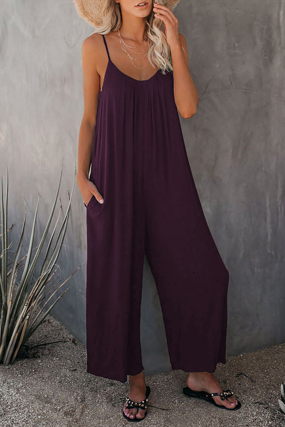 Women's Sleeveless Jumpsuits Romper with Pockets Purple