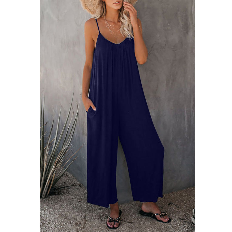 Women's Sleeveless Jumpsuits Romper with Pockets Dark blue