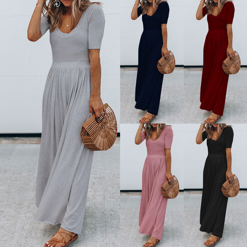 Round Neck Short Sleeve Long Jumpsuit Pink