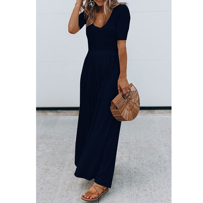 Round Neck Short Sleeve Long Jumpsuit Navy Blue