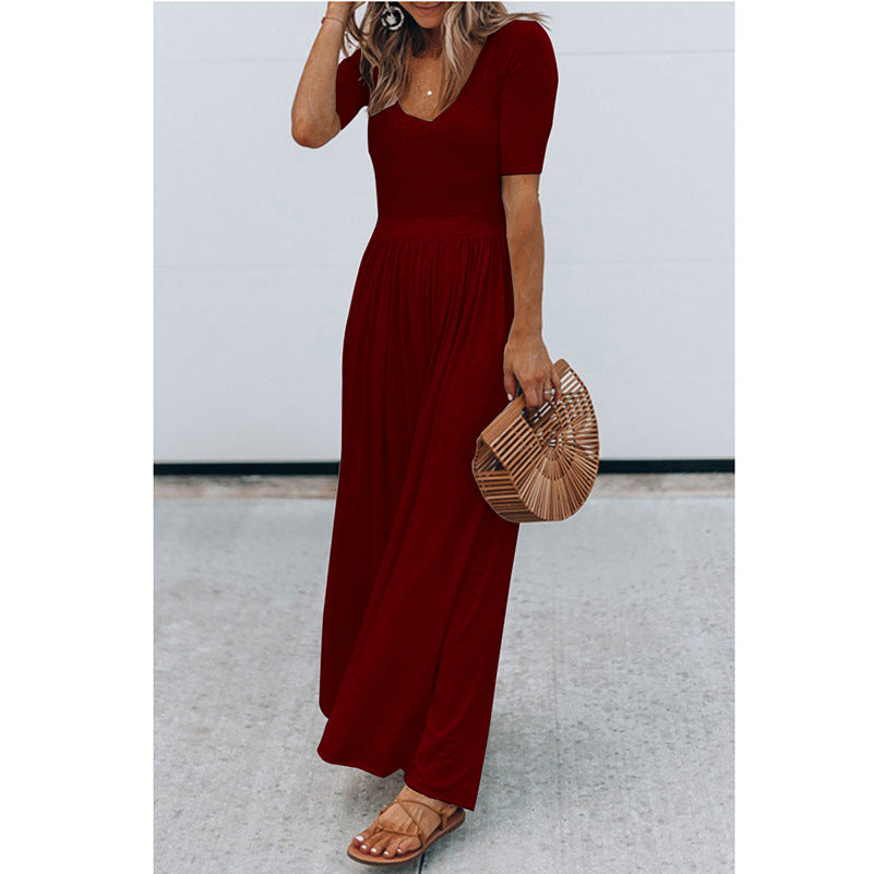 Round Neck Short Sleeve Long Jumpsuit Wine Red