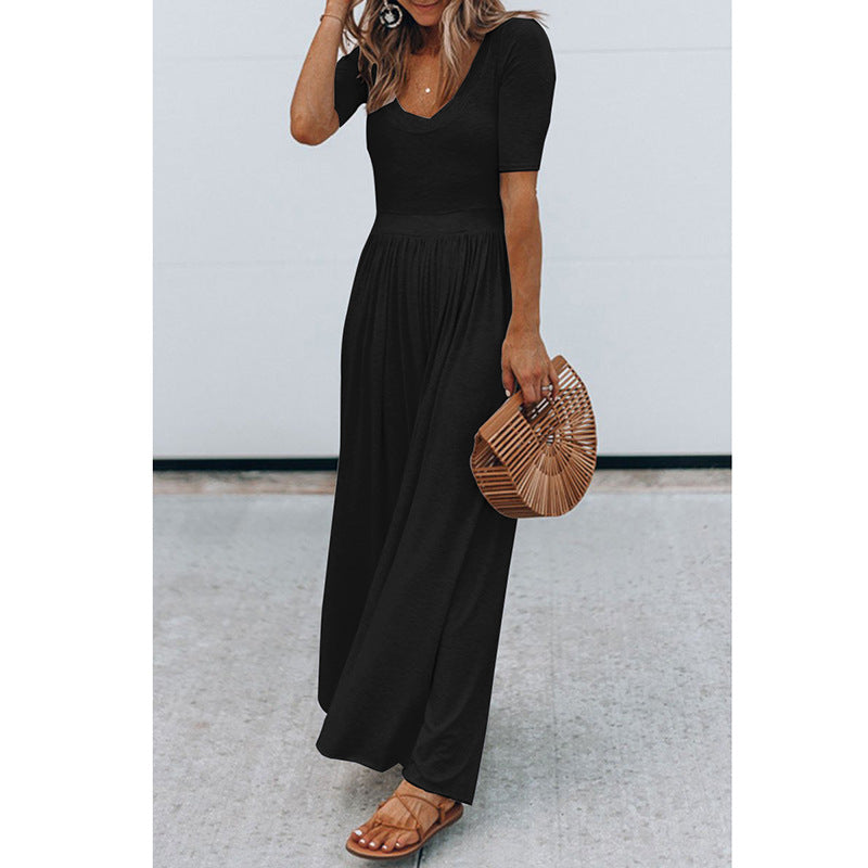 Round Neck Short Sleeve Long Jumpsuit Black