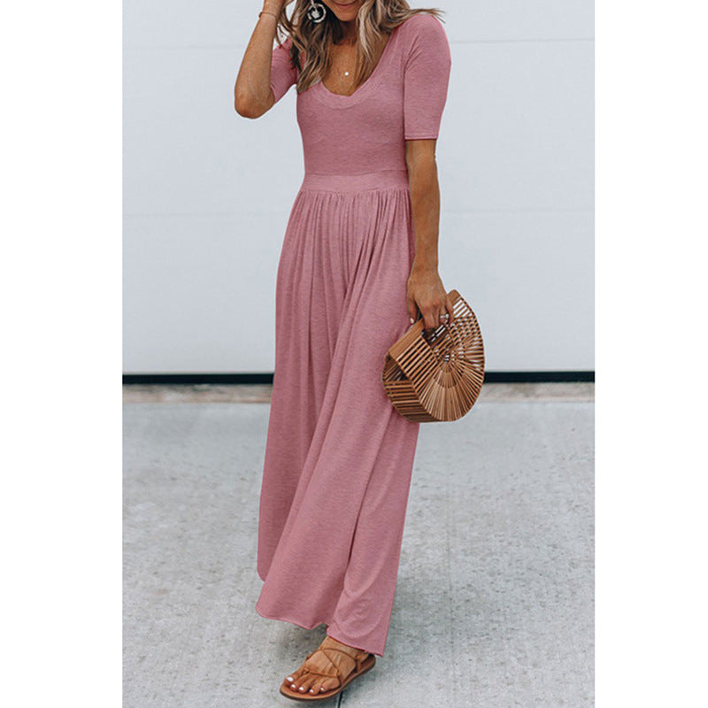 Round Neck Short Sleeve Long Jumpsuit Pink