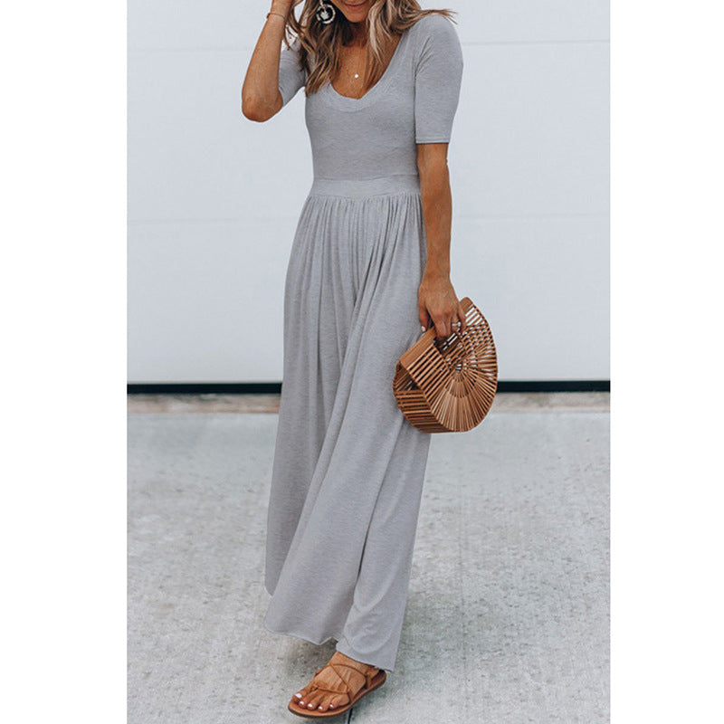 Round Neck Short Sleeve Long Jumpsuit Grey